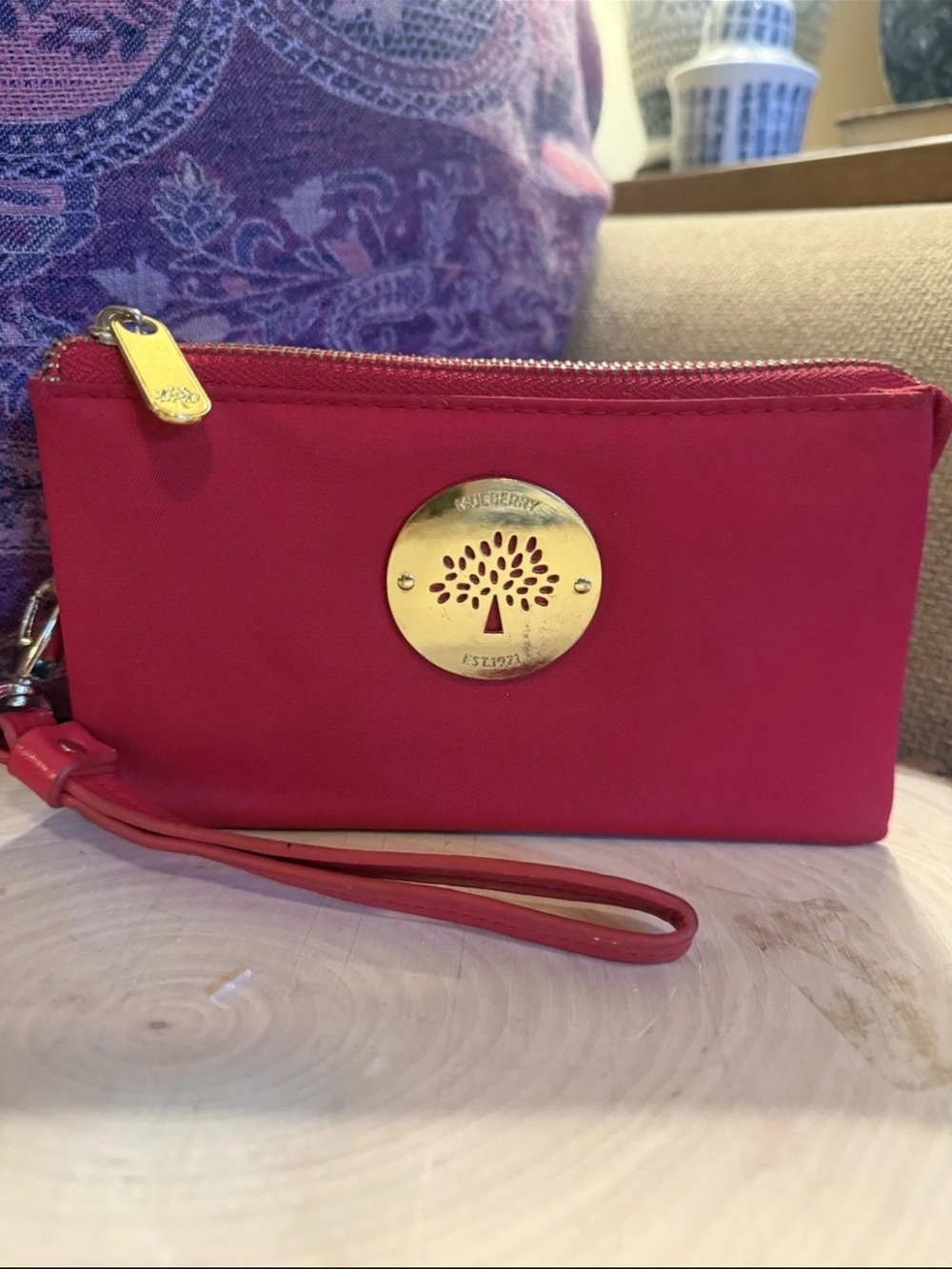 Mulberry Red Wristlet Clutch with Gold Logo